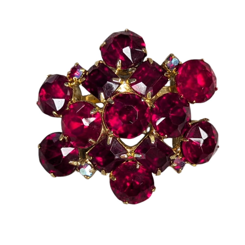 Vintage Red With Aurora Borealis Glass Crystal Cluster Brooch